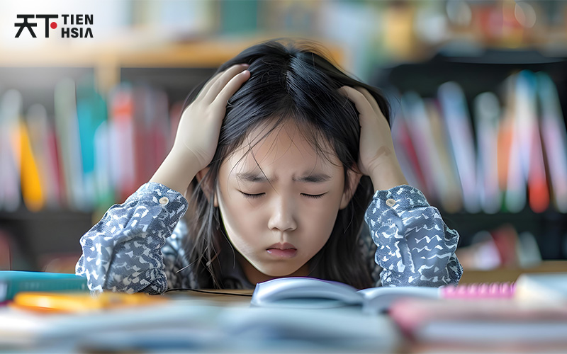 Stressed primary student struggling with Chinese exam preparation