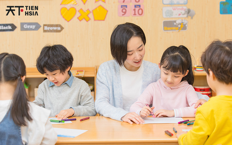 Teacher guiding students with a fun Chinese learning activity.
