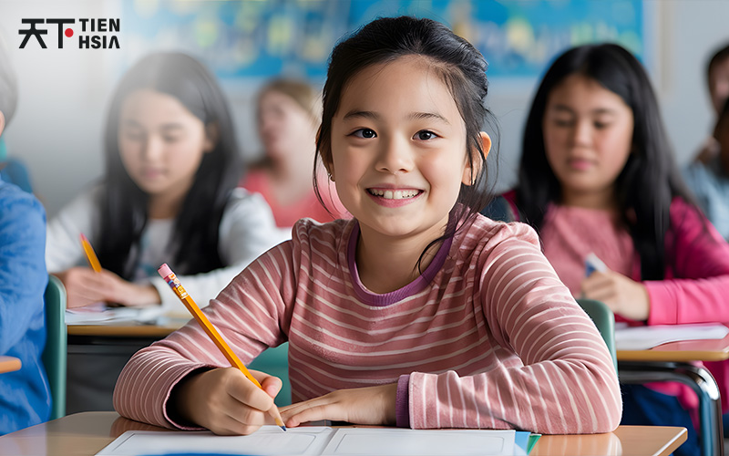Upper Primary student focused on Chinese lesson.